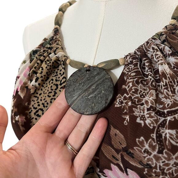 VTG Y2K ICE Brown & Pink Floral Leopard Print Halter Top w Wooden Bead Necklace - Picture 3 of 8